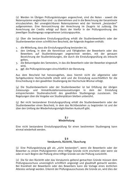 Einstufungsprüfungsordnung der Hochschule Wismar University of ...