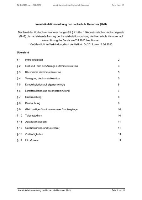 Immatrikulationsordnung Der Hochschule Hannover Hsh Der