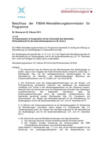 Beschluss der FIBAA-Akkreditierungskommission für Programme