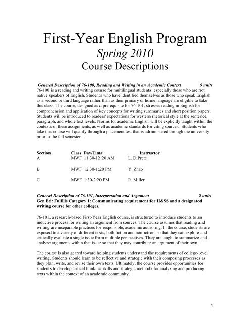 First-Year English Program - College of Humanities and Social ...