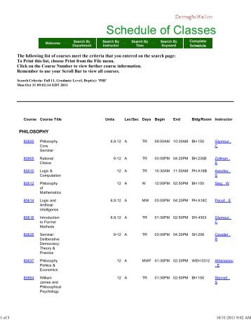 Carnegie Mellon University - Schedule Of Classes