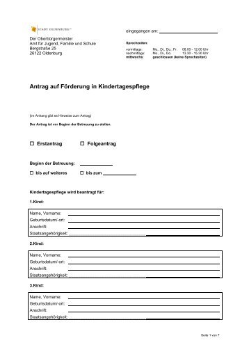 Anlage I zum Antrag auf Förderung von Kindern in Kindertagespflege