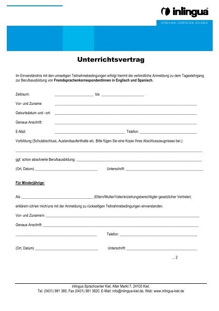 Unterrichtsvertrag - inlingua Kiel