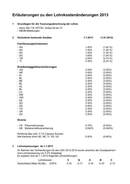 Erläuterungen zu den Lohnkostenänderungen 2013