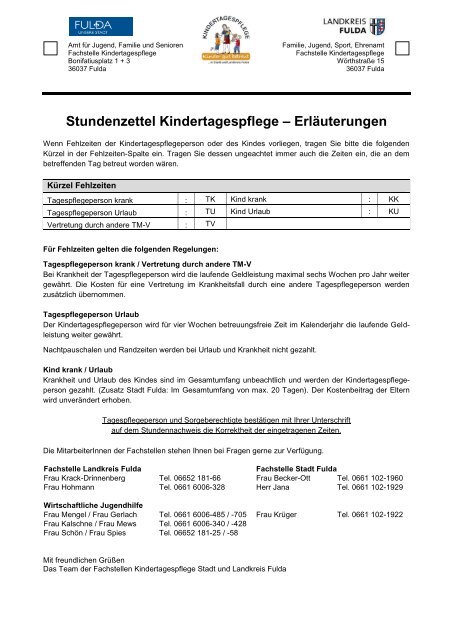 Stundennachweis Kindertagespflege - in Fulda