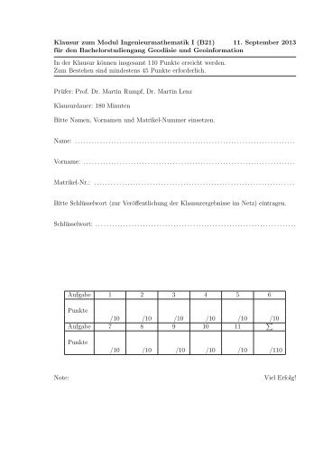 Klausur zum Modul Ingenieurmathematik I (B21) 11. September ...