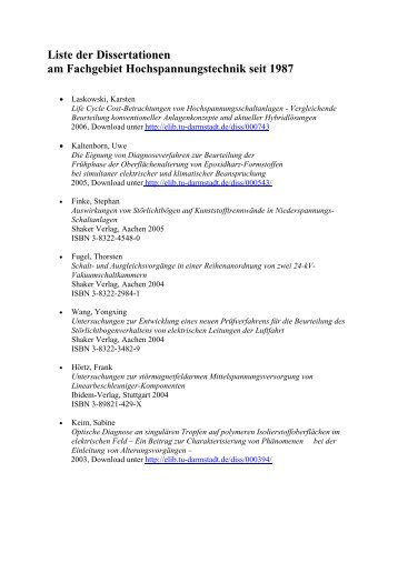Liste der Dissertationen am Fachgebiet Hochspannungstechnik seit ...