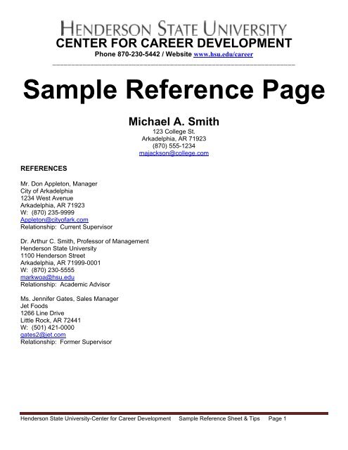 sample reference page and tips henderson state university sample references page