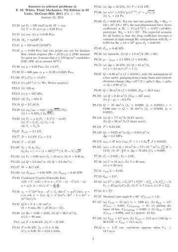 Answers to selected problems in F. M. White, Fluid Mechanics, 7th ...
