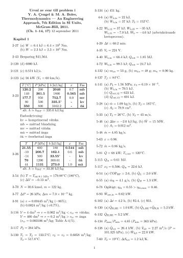 Urval av svar till problem i YA ¸Cengel & MA Boles, Thermodynamics