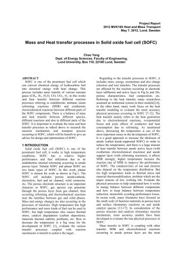 Mass and Heat transfer processes in Solid oxide fuel cell (SOFC)