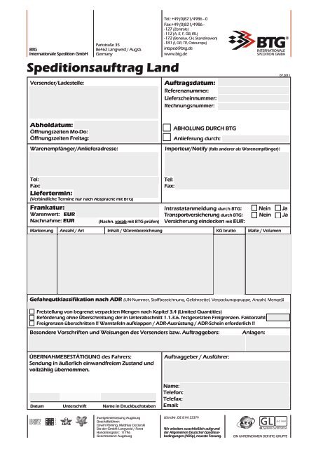 Speditionsauftrag Land - BTG