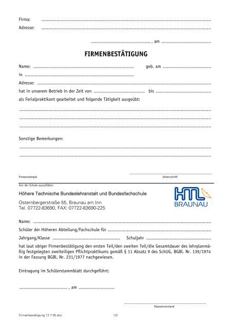 FIRMENBESTÄTIGUNG - HTL Braunau