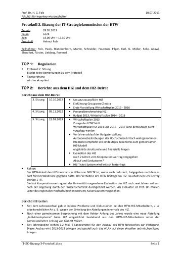 Protokoll 3. Sitzung der IT-Strategiekommission der HTW TOP 1 ...
