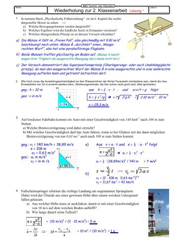 Physik-LÃ¶sungen zur 1. Klassenarbeit 1/3 - H. Klinkner