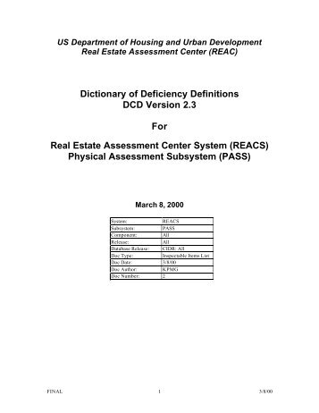 Dictionary of Deficiency Definitions DCD Version 2.3 For Real ... - HUD