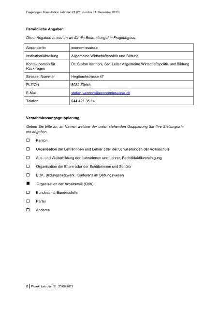 Konsultationsantwort economiesuisse zum Lehrplan 21