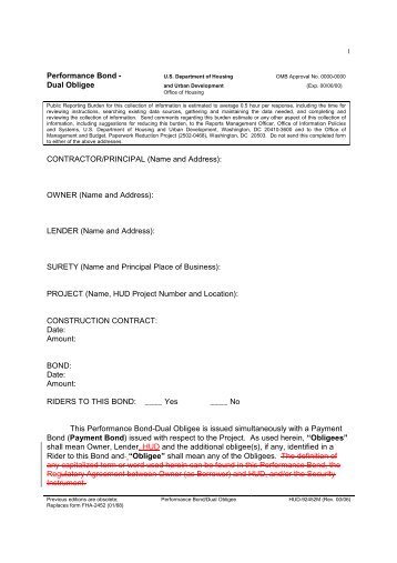 performance bond dual obligee contractor hud