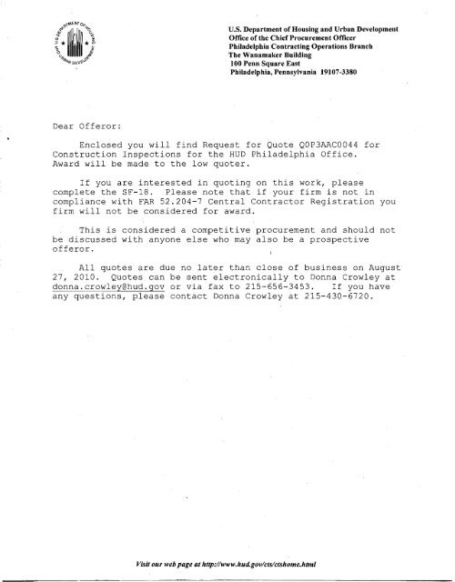 Dear Offeror Enclosed you will find Request for Quote HUD