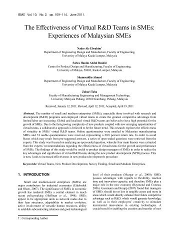 The Effectiveness of Virtual R&D Teams in SMEs: Experiences of Malaysian SMEs