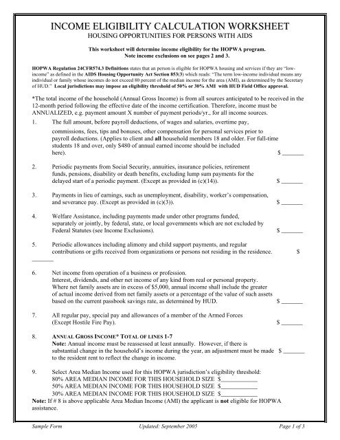 Income Eligibility Calculation Worksheet - OneCPD