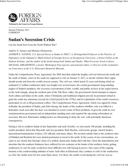 Sudan's Secession Crisis - Hudson Institute