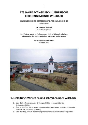 175-Jahre Evangelische Kirchengemeinde Wilsbach - Dr. Frank ...