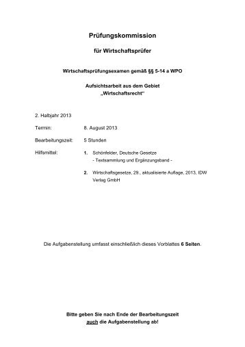 2013 - Wirtschaftsrecht - 2. Prüfungstermin - Klausur 1