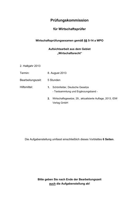 2013 - Wirtschaftsrecht - 2. Prüfungstermin - Klausur 1