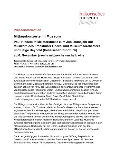 PM 2013_10_Mittagskonzerte - Historisches Museum Frankfurt