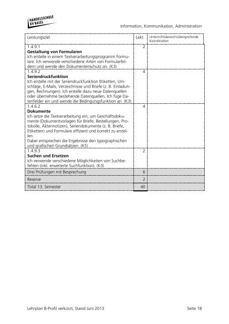 Lehrplan Kauffrau/Kaufmann B-Profil verkürzt