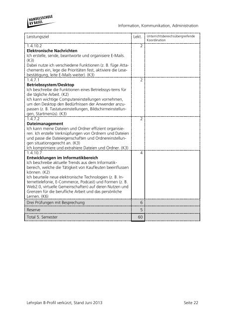 Lehrplan Kauffrau/Kaufmann B-Profil verkürzt