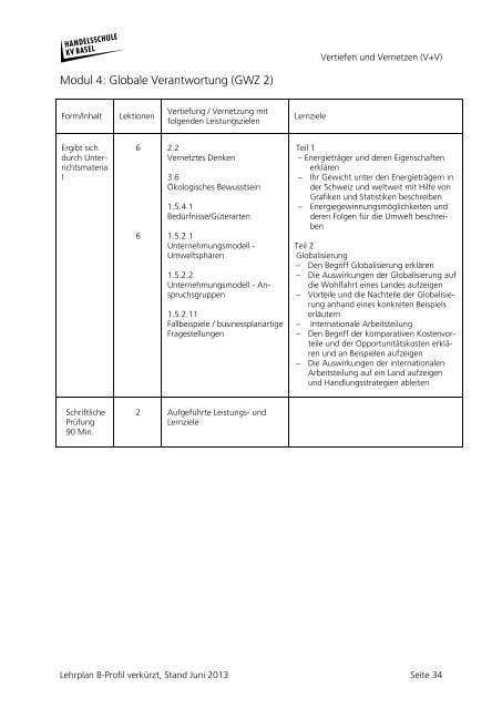 Lehrplan Kauffrau/Kaufmann B-Profil verkürzt