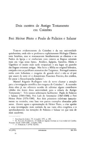 Dois mestres de Antigo Testamento em Coimbra Frei Heitor Pinto e ...