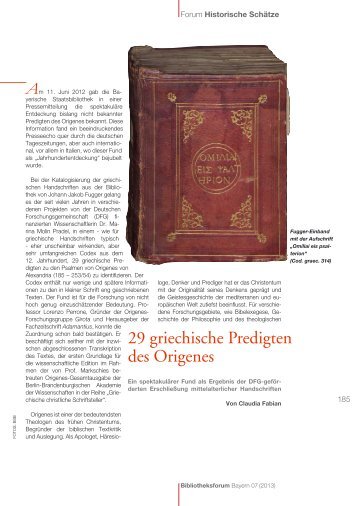 29 griechische Predigten des Origenes - Bibliotheksforum Bayern