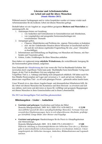 Literatur und Arbeitsmaterialien zur Arbeit mit und für ältere ...
