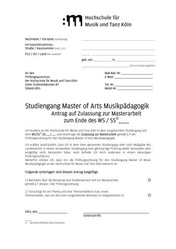 Zulassungsunterlagen Masterarbeit - Hochschule für Musik und ...