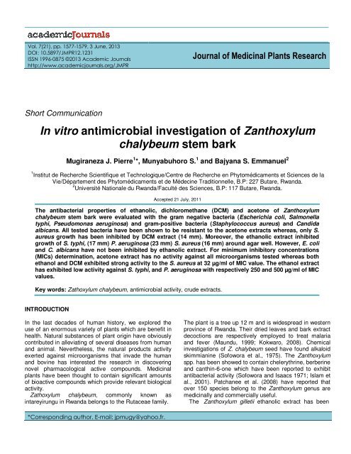 In vitro antimicrobial investigation of Zanthoxylum chalybeum stem ...