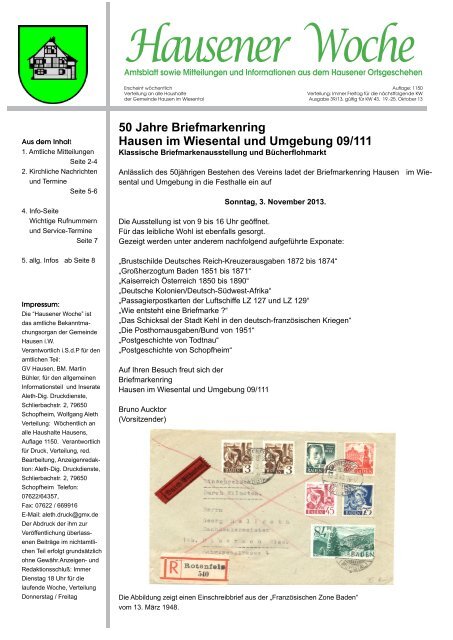 39 Hausener Woche Vom 18 10 2013 Pdf Hausen Im Wiesental