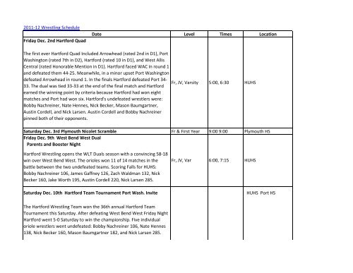 Wrestling Schedule Records - Hartford Union High School Wrestling Schedule Records - Hartford Union High School