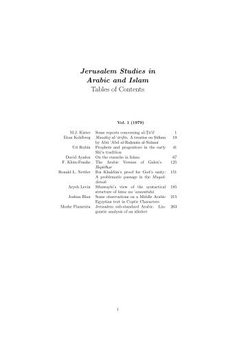 Jerusalem Studies in Arabic and Islam Tables of Contents