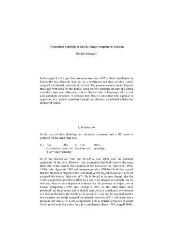 Pronominal doubling in Greek: a head-complement relation Dimitra ...