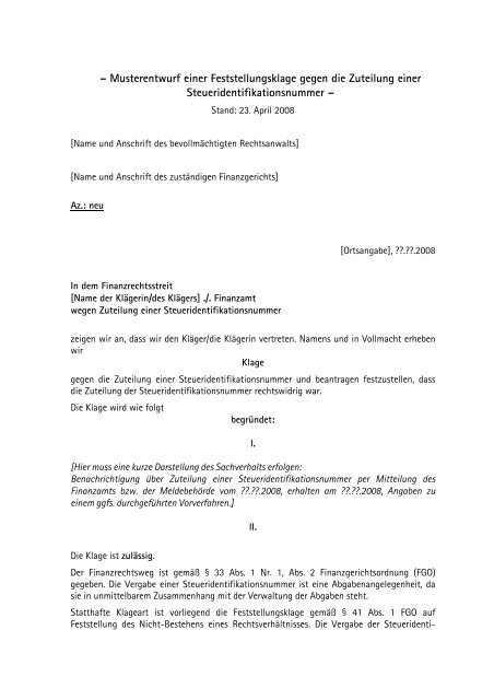 Musterentwurf Einer Feststellungsklage Gegen Musterentwurf Einer Feststellungsklage Gegen
