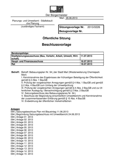 Beschlussvorlage 2013/0226 zum Bebauungsplan Nr 94 j der ... - Marl