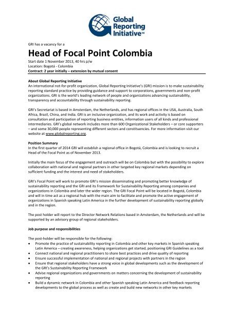 Head of Focal Point Colombia - Global Reporting Initiative