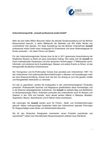Unternehmensporträt tonwelt - BBB Bürgschaftsbank zu Berlin ...