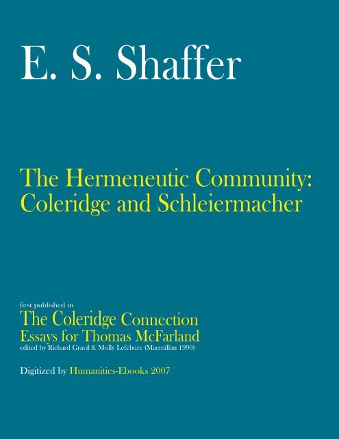 Coleridge and Schleiermacher - Humanities-Ebooks