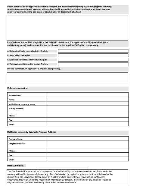 Confidential Report form - Faculty of Humanities - McMaster University