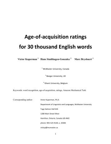 Age-of-acquisition ratings for 30 thousand English words - Center for ...