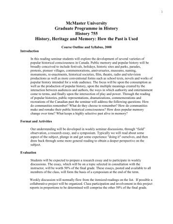 755 History, Heritage and Memory - McMaster University